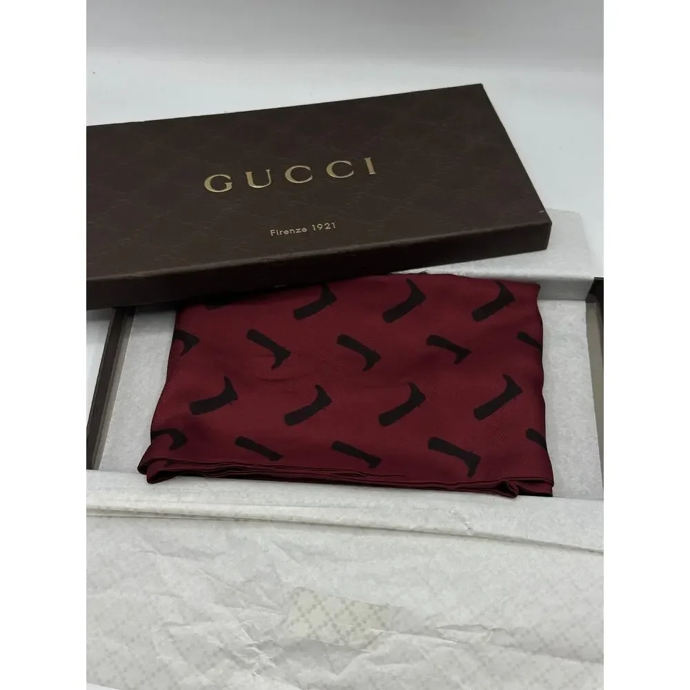 GUCCI Silk Cowboy Print Fringe Scarf Ascot Twilly Maroon Red 53